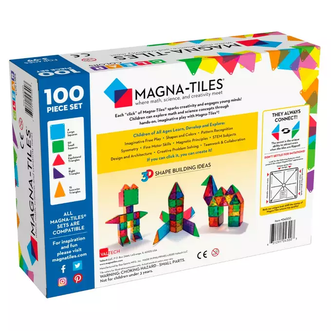 Magna Tiles: 100 el. Klocki magnetyczne Classic Clear Colors